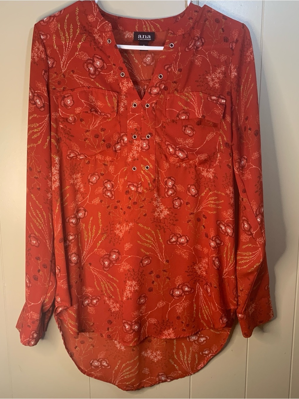 Women’s S a.n.a Red Floral Popover Top with Eyelet Detail